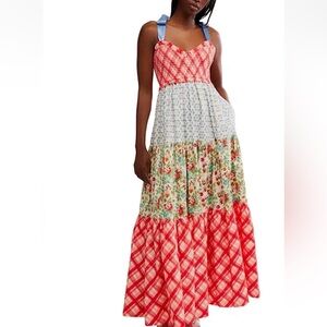 Free People Multi-Print Tiered Maxi Dress with Blue Tie Straps